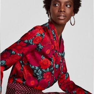 Zara floral bodysuit with draped plunging neckline women’s small